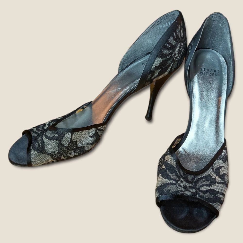 Stuart Weitzman Black and Gray Lace Heels